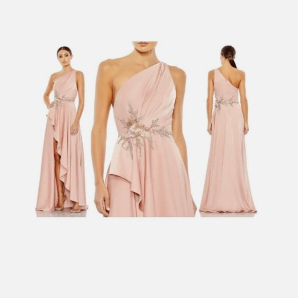 MAC DUGGAL 11262 EMBELLISHED ONE SHOULDER  ASYMMETRICAL ROSE HIGH LOW GOWN sz 12 - Picture 3 of 3